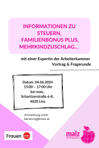 Workshop “Informationen zu Steuern, Familienbonus Plus, Mehrkindzuschlag”